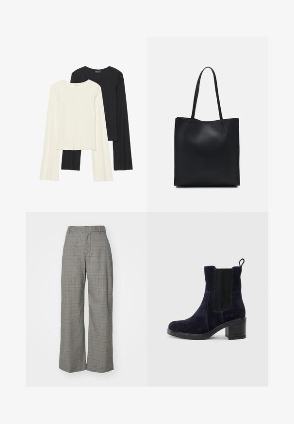 Set of two long-sleeve tops in white and black. Ribbed texture, round neck, fitted design with slightly flared sleeves.; Gray plaid wide-leg trousers with a tailored fit, featuring a high waist, single front pleat, and a smooth fabric texture.; Navy blue suede ankle boot with elastic side panel, rounded toe, and block heel. Textured fabric and smooth sole add contrast.; Black leather tote bag with smooth texture, rectangular shape, and two long handles. No visible hardware or embellishments.