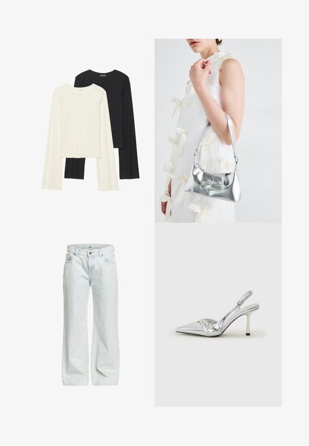Set of two long-sleeve tops in white and black. Ribbed texture, round neck, fitted design with slightly flared sleeves.; Light blue wide-leg jeans made of denim, featuring a button closure, five pockets, and a slight faded texture throughout.; Silver slingback high heel shoe with a pointed toe, metallic finish, two decorative straps, and a slender heel with a black tip.; Silver metallic handbag with a structured shape, featuring a top handle and bow detail on the front. Smooth texture, reflective finish.; Silver drop earrings with multiple clear rhinestones, featuring a cascading design and textured surfaces, set against a neutral background.