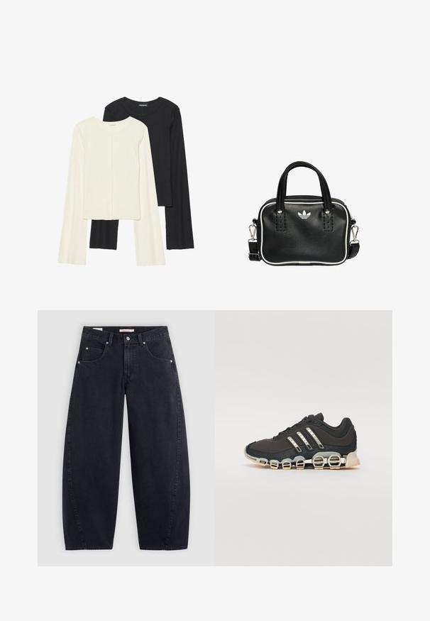 Set of two long-sleeve tops in white and black. Ribbed texture, round neck, fitted design with slightly flared sleeves.; Black denim wide-leg jeans with a high waist, two front pockets, and silver hardware. Smooth texture, minimal stitching details, and straight cut.; Black athletic shoe with a textured upper, three silver stripes, and a distinctive cushioning sole featuring multiple integrated sections.; Black leather handbag with two short handles, silver hardware, white accents, and a white logo. Features a textured surface and compact design.