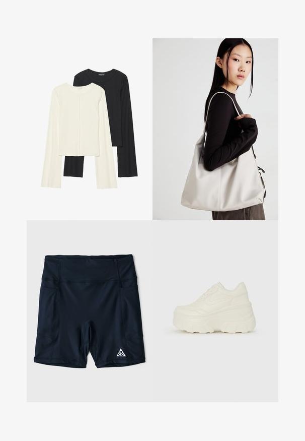 Sett med to langermede topper i hvit og svart. Ribbete tekstur, rund hals, tettsittende design med lett utsvingte ermer.; Marineblå treningsshorts laget av stretchmateriale, med høy midje, sidelommer og en hvit logo nederst til høyre.; Hvite plattformsnickers med en glatt læraktig overdel, avrundet form, polstret krage og teksturert gummisåle med tydelige dekk.; Beige håndveske laget av mykt materiale, med en slapp design, sydd detaljer og to skulderstropper. Passer for daglig bruk.