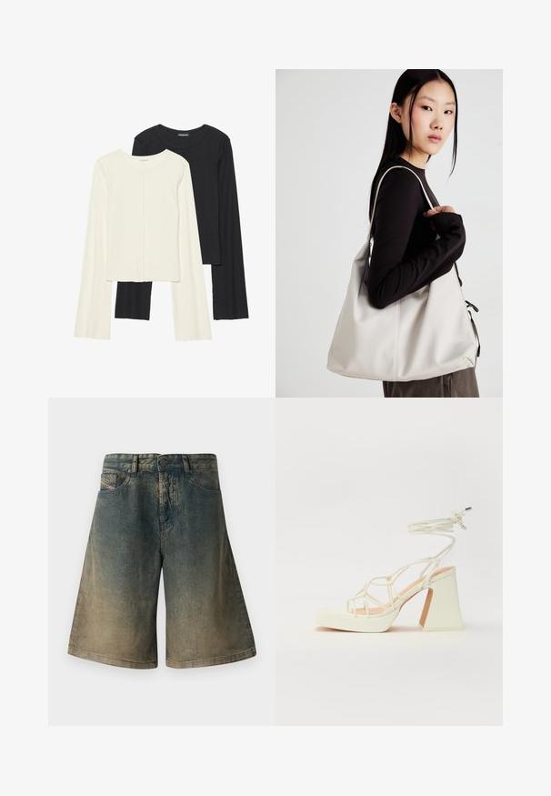 Divu garo piedurkņu tops komplekts baltā un melnā krāsā. Ribota tekstūra, apaļš kakls, pieguļoša dizaina ar nedaudz izplestām piedurknēm.; Džinsu šorti ar gradientu no tumši zilas līdz gaiši brūnai krāsai. Iezīmē klasisku piecu kabatu dizainu, metāla pogu aizdari un šūtus šuves.; Baltas augstpapēžu sandales ar masīvu papēdi, ar siksnu dizainu un potītes saistītiem elementiem. Gluda tekstūra ar platformu priekšpusē, lai nodrošinātu papildu augstumu.; Bežs rokassoma, izgatavota no mīksta materiāla, ar brīvu dizainu, izšūtu apdari un divām plecu siksnām. Piemērota ikdienas lietošanai.