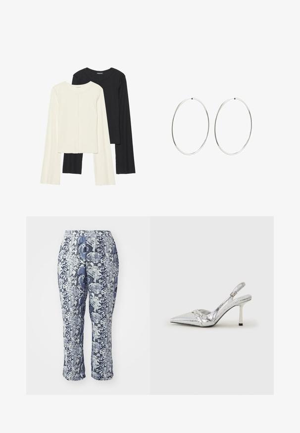 Set of two long-sleeve tops in white and black. Ribbed texture, round neck, fitted design with slightly flared sleeves.; Blue and white snake print pants with an elastic waistband, tailored fit, and mid-calf length. Fabric appears smooth with a subtle sheen.; Silver slingback high heel shoe with a pointed toe, metallic finish, two decorative straps, and a slender heel with a black tip.; Silver hoop earrings with a smooth, round design and a polished finish. They are thin and lightweight, featuring a simple clasp closure.