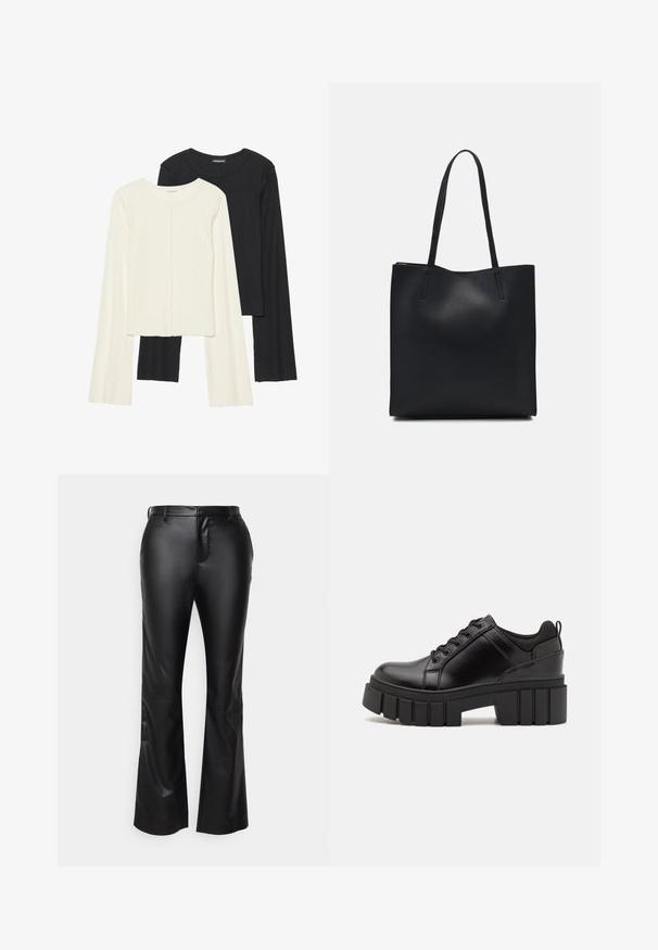 Sett med to langermede topper i hvit og svart. Ribbete tekstur, rund hals, tettsittende design med lett utsvingte ermer.; Sorte faux skinnbukser med vide ben og glatt tekstur, som har glidelås, beltehemper og frontlommer.; Svarte lærplattformsko med kraftig blokkhell, rund tå og tradisjonell snøring. Har en jevn tekstur og minimal detaljering.; Svart lær tote bag med glatt tekstur, rektangulær form og to lange håndtak. Ingen synlige deler eller dekorasjoner.