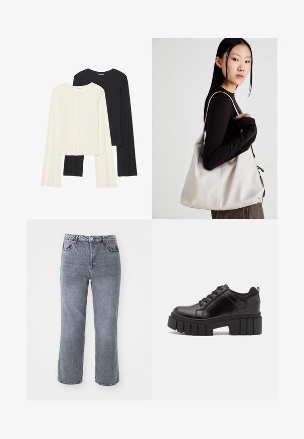 Divu garo piedurkņu tops komplekts baltā un melnā krāsā. Ribota tekstūra, apaļš kakls, pieguļoša dizaina ar nedaudz izplestām piedurknēm.; Pelēkas, augstās vidukļa džinses, izgatavotas no denima, ar taisnu kāju griezumu, divām priekšējām kabatām un vienu aizmugurējo kabatu ar vieglu izbalējumu.; Melnas ādas platformas kurpes ar masīvu bloku papēdi, apaļu purngalu un tradicionālu saistīšanas dizainu. Izceļas ar gludu tekstūru un minimālu apdari.; Bežs rokassoma, izgatavota no mīksta materiāla, ar brīvu dizainu, izšūtu apdari un divām plecu siksnām. Piemērota ikdienas lietošanai.