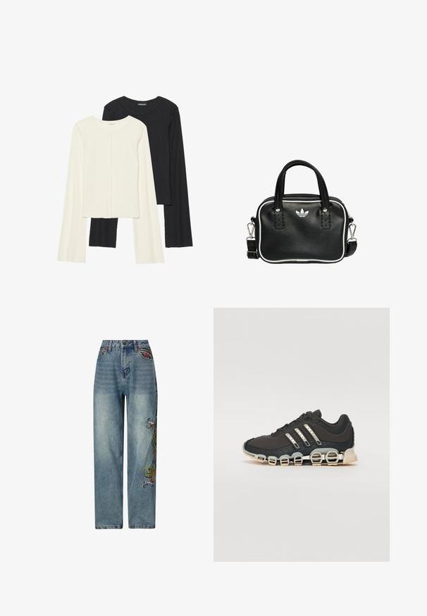 Set di due maglie a maniche lunghe, bianche e nere. Texture a coste, scollo tondo, design aderente con maniche leggermente svasate.; Jeans in denim azzurro chiaro con un design a gamba dritta, caratterizzati da dettagli ricamati colorati sul lato sinistro e un classico stile a cinque tasche.; Scarpa da ginnastica nera con tomaia testurizzata, tre strisce argentate e una suola ammortizzata distintiva con più sezioni integrate.; Borsa a mano in pelle nera con due manici corti, hardware argentato, dettagli bianchi e un logo bianco. Presenta una superficie strutturata e un design compatto.