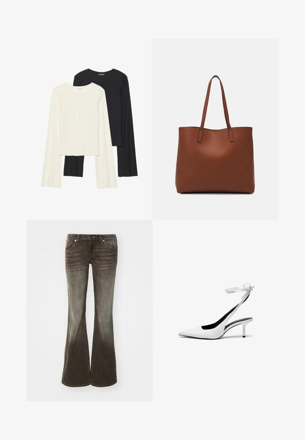 Két darabból álló hosszú ujjú felsők szettje fehér és fekete színben. Bordás textúra, kerek nyakkivágás, testhez simuló fazon, enyhén bővülő ujjakkal.; Sötét szürke anyagból készült, elkeskenyedő farmernadrág, kopott hatással. Öt zsebbel, elülső gombos záródással és finom varrási részletekkel rendelkezik.; Fehér, hegyes orrú, hátsó pánttal ellátott magassarkú cipők vékony boka pánttal. Finom bőrből készült, vékony tűsarkú, és fekete belső béléssel rendelkezik.; Barna bőr vászontáska sima textúrával, nyitott tetejű dizájnnal és két vállpánttal. Minimális varrással és látható hardver nélkül készült.