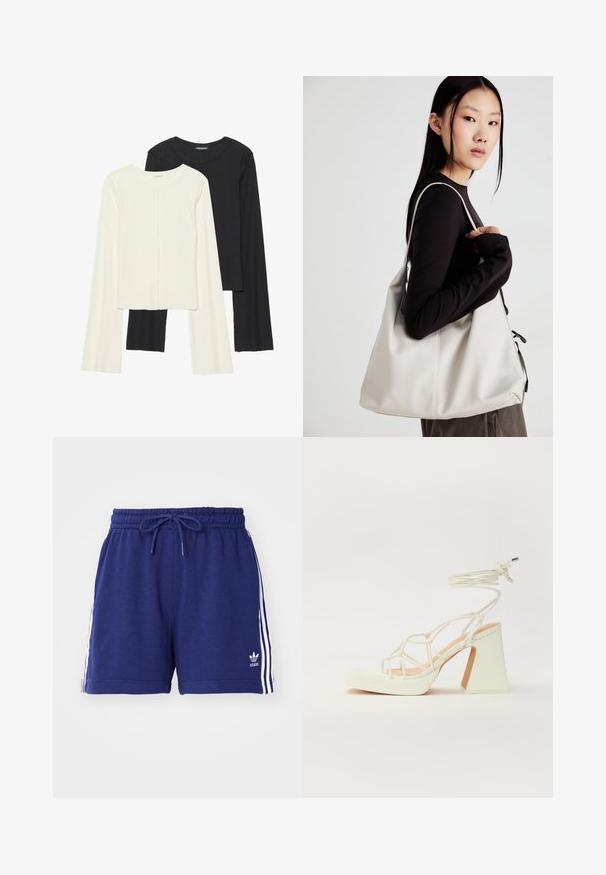 Conjunto de duas blusas de manga longa em branco e preto. Textura canelada, decote redondo, design ajustado com mangas ligeiramente evasê.; Calções de desporto azul-marinho com cintura elástica e cordão, apresentando riscas brancas nas laterais e um logótipo bordado na parte inferior esquerda. Tecido com textura suave.; Sandálias brancas de salto alto com um salto robusto, apresentando um design com tiras e amarração no tornozelo. Textura suave com uma plataforma na frente para altura adicional.; Uma bolsa bege feita de material macio, com um design descontraído, detalhes de costura e duas alças para o ombro. Adequada para uso diário.