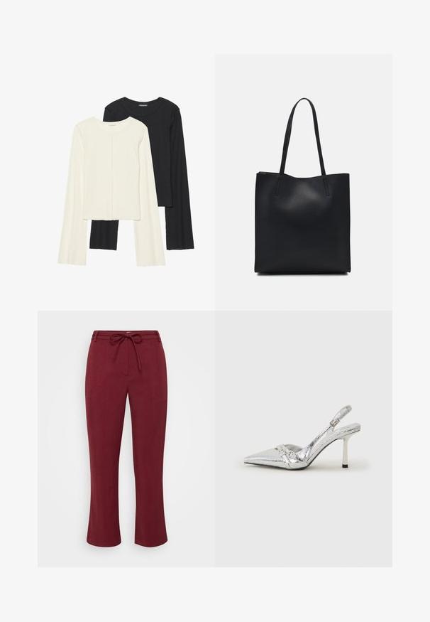 Kaksik Eri pikkusega valge ja musta värvi pikkade varrukatega topsi. Ribikstruktuur, ümar kaelus, lihav disain, veidi laienevate varrukatega.; Burgundia värvi püksid, mis on valmistatud tekstureeritud kangast, millel on kummist paelaga vöökoht ja sirge lõige. Ilma taskuteta või nähtavate metallosadeta.; Hõbedased slingback kõrged kontsad terava ninaga, metalne viimistlus, kaks dekoratiivset rihma ja sihvakad kontsad musta otsaga.; Mustast nahast kott sujuva tekstuuriga, ristkülikukujuline ja kahe pika sangaga. Pole nähtavat riistvara ega kaunistusi.