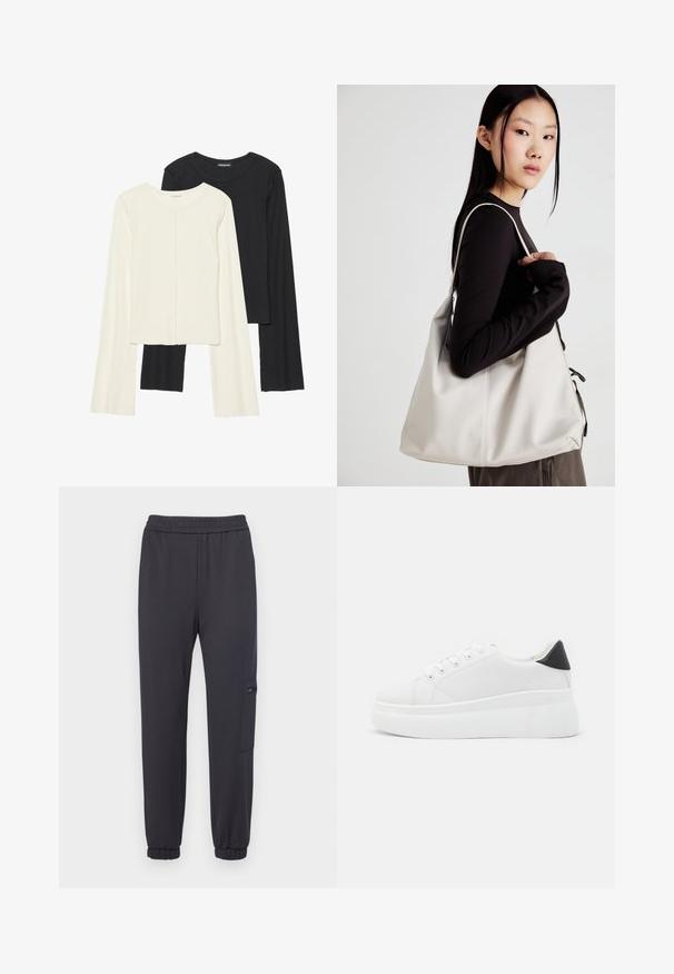 Set of two long-sleeve tops in white and black. Ribbed texture, round neck, fitted design with slightly flared sleeves.; Dark gray sweatpants with an elastic waistband, tapered legs, and a side pocket with a zip closure. Soft fabric and ribbed cuffs.; White platform sneakers made of smooth synthetic material, featuring a rounded toe, lace-up design, and a textured rubber sole. Black heel accent.; Beige handbag made of soft material, featuring a slouchy design, stitched detailing, and two shoulder straps. Suitable for everyday use.