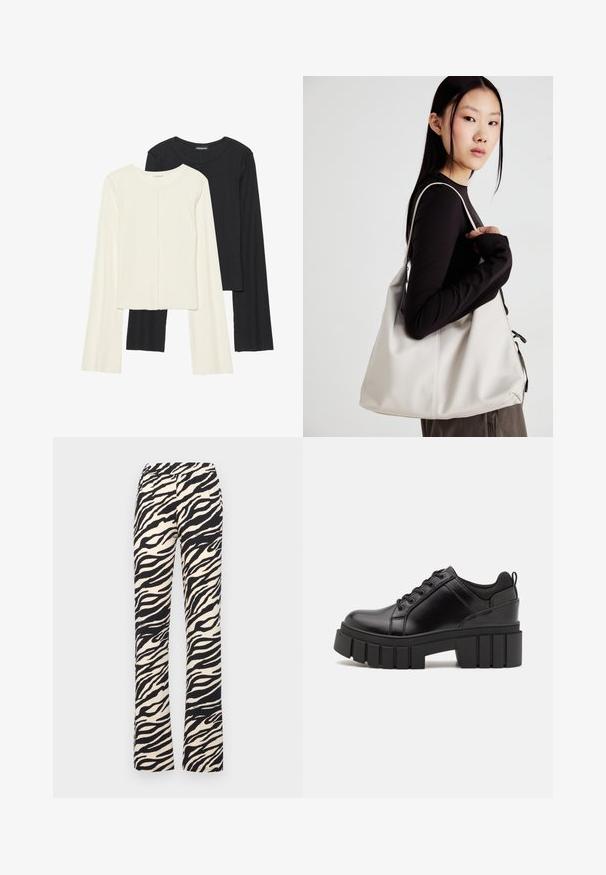 Conjunto de duas blusas de manga longa em branco e preto. Textura canelada, decote redondo, design ajustado com mangas ligeiramente evasê.; Noisy May NMDESTINY FLARED PANTS - Calças - black; Sapatos de plataforma em couro preto com um salto bloco robusto, bico redondo e design clássico de atacadores. Apresentam uma textura suave e detalhes mínimos.; Uma bolsa bege feita de material macio, com um design descontraído, detalhes de costura e duas alças para o ombro. Adequada para uso diário.