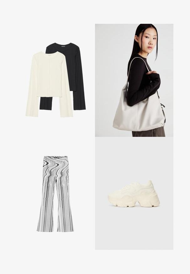 Souprava dvou dlouhých rukávů v bílé a černé barvě. Hladká textura, kulatý výstřih, upnutý střih s mírně rozšířenými rukávy.; Černobílé zvonové kalhoty s vlnitým pruhovaným vzorem. Vyrobeny z hladkého materiálu s přiléhavým pasem a širokými nohavicemi.; Chunky bílé tenisky vyrobené z texturované síťoviny a syntetických materiálů, s tlustou podrážkou a složitými vzorovými detaily podél stran.; Beige kabelka vyrobená z měkkého materiálu, s volným designem, prošívanými detaily a dvěma ramenními popruhy. Vhodná pro každodenní použití.