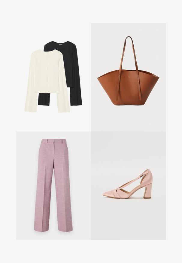 Set de două bluze cu mâneci lungi, una albă și una neagră. Textură ribbată, decolteu rotund, design ajustat cu mâneci ușor evazate.; Pantaloni cu picioare largi dintr-un material texturat roz deschis, cu un front plat, plisuri subtile și un design clasic al taliei.; Călăreț de satin roz cu toc înalt, cu vârful ascuțit și curea ajustabilă la gleznă, având decupaje diagonale și un toc masiv.; Geantă tote din piele maro, cu o formă largă și bine structurată, mânere subțiri și un finisaj texturat. Prezintă un design minimalist, fără hardware vizibil.
