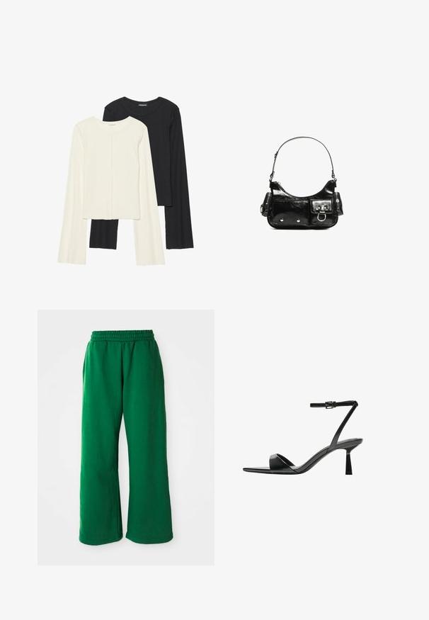 Set van twee longsleeve tops in wit en zwart. Geribbelde textuur, ronde hals, aansluitend ontwerp met licht uitlopende mouwen.; Groene, loszittende sweatpants van zachte stof. Heeft een elastische tailleband, zijzakken en brede benen met een gladde textuur.; Bershka Sandalen met hoge hak - black; Zwarte laarzen in lakleer met een gebogen vorm, één schouderband, voorvakken en accenten in zilverkleurig metaal.