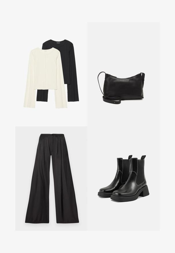 Divu garo piedurkņu tops komplekts baltā un melnā krāsā. Ribota tekstūra, apaļš kakls, pieguļoša dizaina ar nedaudz izplestām piedurknēm.; Platas kājas bikses, izgatavotas no gludas melnas auduma. Iezīmē vertikālas krokas, pogu aizdari un augstu vidukļa dizainu. Minimālisma stils.; Melni ādas Čelsijas zābaki ar masīvu papēdi, elastīgām sānu panelēm un kontrastējošu balto šuvumu. Teksturēts apdare.; Melna ādas plecu soma ar gludu tekstūru, izliekta forma, regulējama siksna un rāvējslēdzēja aizdare. Minimālistisks dizains bez rotājumiem.