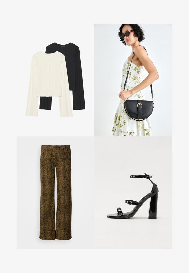 Dviejų ilgomis rankovėmis marškinėlių rinkinys, baltas ir juodas. Raukšlėta tekstūra, apvalus kaklas, prigludusi forma su šiek tiek platėjančiomis rankovėmis.; Rudos platus kelnes su tekstūruota gyvatės odos raštu juoda spalva. Yra mygtuko uždarymas ir tradicinė penkių kišenių konstrukcija.; Juodos patentuotos aukštakulnės basutės su dviem sagtelėmis, kvadratine nosimi ir stambiu blokiniu kulnu, pasižyminčios lygiu, blizgiu paviršiumi.; Juodas odinis krepšys su išlenkta forma, nuimamu dirželiu ir auksiniais detalėmis. Krepšys turi kilpą su sagtimi.