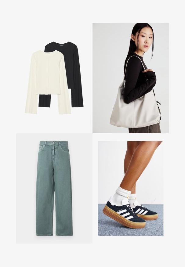 Set van twee longsleeve tops in wit en zwart. Geribbelde textuur, ronde hals, aansluitend ontwerp met licht uitlopende mouwen.; Lichtgroene wijde jeans met een knoopsluiting, vier zakken en subtiele stiksels, vervaardigd uit een gladde katoenachtige stof.; Zwarte suède sneakers met witte strepen en accenten, ronde neus, gum rubberen buitenzool, gecombineerd met witte geribbelde crewkousen.; Beige handtas gemaakt van zacht materiaal, met een slonzig ontwerp, gestikte details en twee schouderbanden. Geschikt voor dagelijks gebruik.