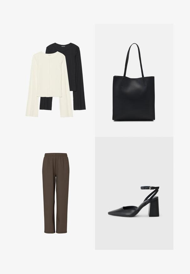 Conjunto de dos camisetas de manga larga en blanco y negro. Textura acanalada, cuello redondo, diseño ajustado con mangas ligeramente acampanadas.; Pantalones marrones de cintura elástica, hechos de una tela suave, con un diseño de pierna recta y sin bolsillos ni detalles visibles.; Zapato de tacón puntiagudo de cuero negro con tira en el tobillo y tacón ancho. Textura plana, diseño elegante y estética minimalista.; Bolso tote de cuero negro con textura lisa, forma rectangular y dos asas largas. Sin herrajes ni adornos visibles.