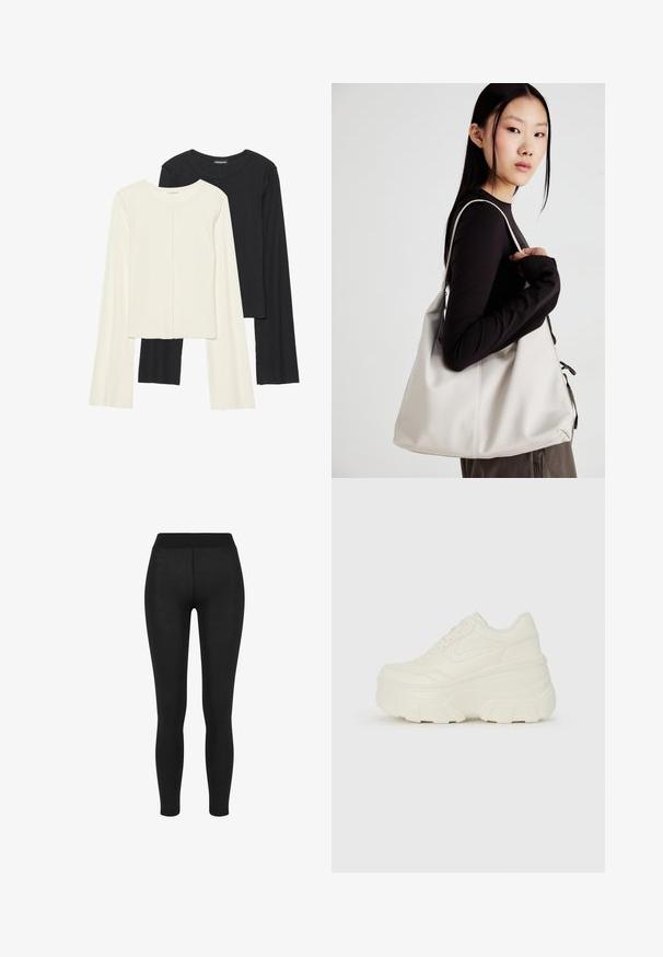 Set van twee longsleeve tops in wit en zwart. Geribbelde textuur, ronde hals, aansluitend ontwerp met licht uitlopende mouwen.; Zwarte leggings met een gladde stof, hoge tailleband, nauwsluitend ontwerp en geen zichtbare naden, geschikt voor casual of actieve kleding.; Witte platform sneakers met een gladde leren bovenkant, afgeronde vorm, gewatteerde kraag en een gestructureerde rubberen zool met duidelijke profiel.; Beige handtas gemaakt van zacht materiaal, met een slonzig ontwerp, gestikte details en twee schouderbanden. Geschikt voor dagelijks gebruik.