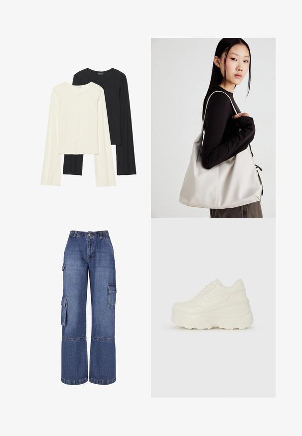 Nabor dveh dolgih rokavov v beli in črni barvi. Žameten vzorec, okrogla ovratnica, prilegajoča zasnova z rahlo razširjenimi rokavi.; Široke jeans hlače iz blaga v srednje modri barvi, ki vključujejo več stranskih žepov, zapiranje na gumb in kontrastne šive ob šivih.; Bele platformske tene z belim zgornjim delom, ki spominja na usnje, okroglo obliko, oblazinjen ovratnik ter gumo z teksturo na podplatu z izrazitimi profili.; Bežna torbica iz mehkega materiala, z ohlapno zasnovo, šivi in dvema naramnicama. Primerna za vsakodnevno uporabo.