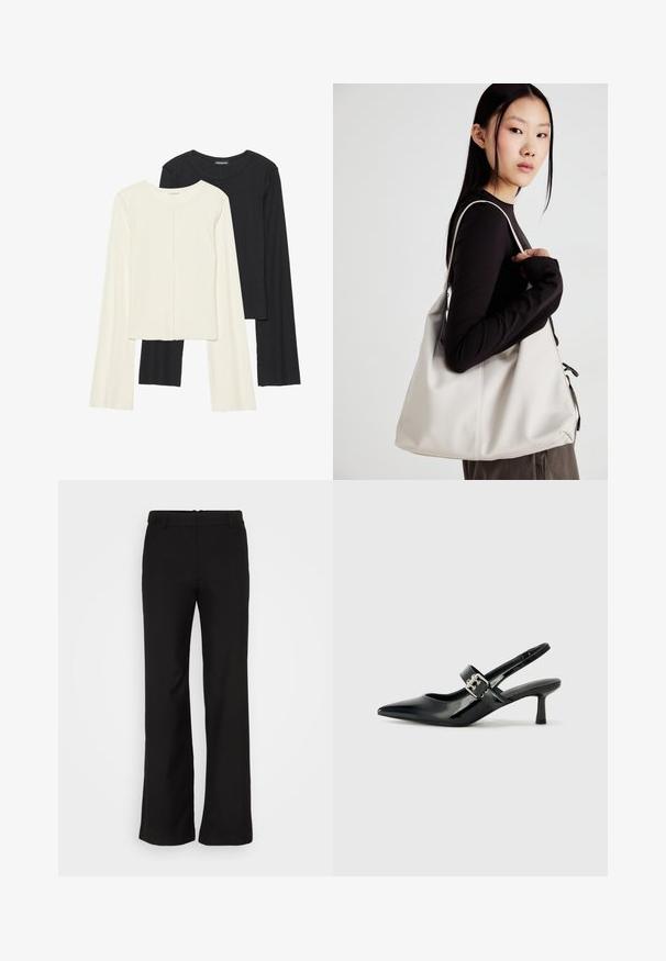 Dviejų ilgomis rankovėmis marškinėlių rinkinys, baltas ir juodas. Raukšlėta tekstūra, apvalus kaklas, prigludusi forma su šiek tiek platėjančiomis rankovėmis.; Weekday EMILY SUITING TROUSER - Kelnės - black; Juodai lakuoti slingback aukštakulniai su smailiu kojų pirštu ir mažais blokiniais kulniukais, su sidabro sagtimi ant dirželio.; Bežinė rankinė, pagaminta iš minkštos medžiagos, turinti laisvą dizainą, siuvinėtas detalės ir dvi petnešos. Tinkama kasdieniam naudojimui.