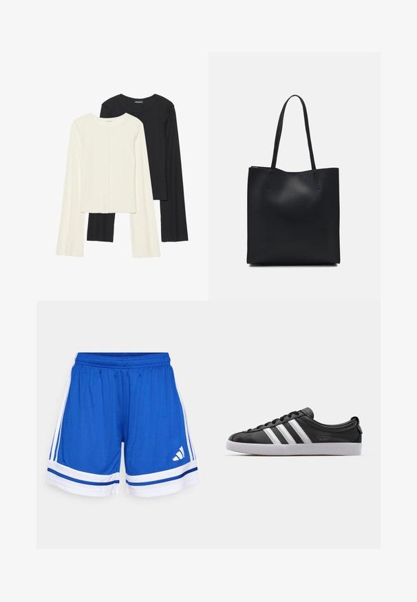 Conjunto de duas blusas de manga longa em branco e preto. Textura canelada, decote redondo, design ajustado com mangas ligeiramente evasê.; Calções de desporto azuis com um cós elástico, detalhes brancos e duas riscas brancas laterais. Feitos de um tecido suave e leve.; Sapatilha de couro preta com um design de três riscas brancas, bico arredondado, sola plana de borracha branca e detalhe da marca na lateral.; Bolsa tote preta em couro com textura lisa, forma retangular e duas alças longas. Sem hardware ou enfeites visíveis.