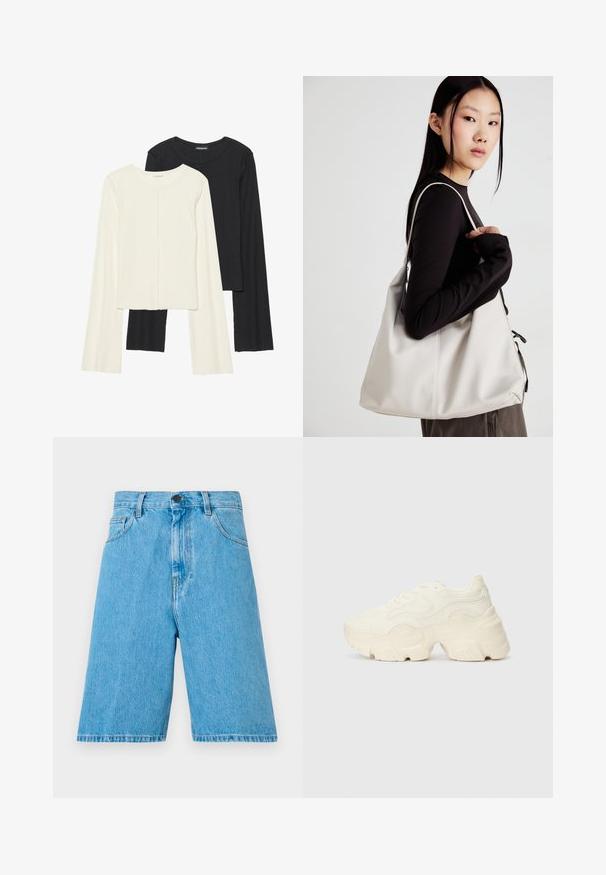 Conjunto de duas blusas de manga longa em branco e preto. Textura canelada, decote redondo, design ajustado com mangas ligeiramente evasê.; Calções de denim azul claro com um corte descontraído, apresentando passantes para cinto, fecho por botão e bolsos frontais. O tecido tem uma textura suave.; Sapatilhas brancas chunky feitas de malha texturizada e materiais sintéticos, apresentando uma sola espessa e detalhes de padrão intrincados ao longo dos lados.; Uma bolsa bege feita de material macio, com um design descontraído, detalhes de costura e duas alças para o ombro. Adequada para uso diário.