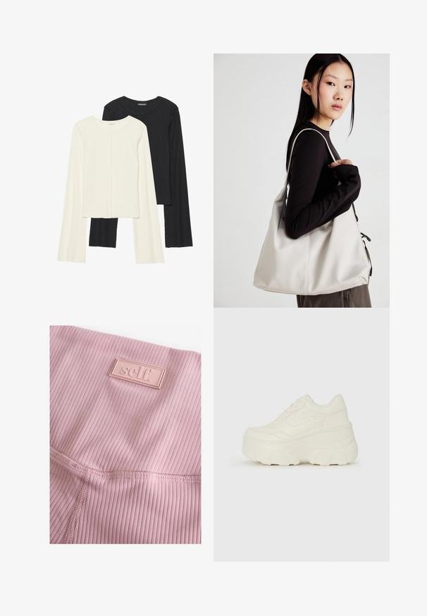 Dviejų ilgomis rankovėmis marškinėlių rinkinys, baltas ir juodas. Raukšlėta tekstūra, apvalus kaklas, prigludusi forma su šiek tiek platėjančiomis rankovėmis.; Šviesiai rožiniai raukšlėti leggingai su tekstūruota paviršiumi ir stačiakampiu guminio logotipo žymeniu su žodžiu "self." siuvinėtu.; Baltos platformos sportbačiai su lygiu odos primenančiu paviršiumi, apvalia forma, paminkštintu apykakle ir tekstūruotu guminiu padu su ryškiais protektoriais.; Bežinė rankinė, pagaminta iš minkštos medžiagos, turinti laisvą dizainą, siuvinėtas detalės ir dvi petnešos. Tinkama kasdieniam naudojimui.