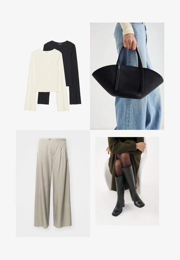 Set di due maglie a maniche lunghe, bianche e nere. Texture a coste, scollo tondo, design aderente con maniche leggermente svasate.; Pantaloni a gamba larga grigio chiaro, caratterizzati da un tessuto testurizzato, pieghe frontali e chiusura con un unico bottone in vita.; Stivali neri in pelle alti fino al ginocchio con punta squadrata e tacco a blocco, mostrati con un modello seduto in un cappotto verde oliva. Texture liscia, dettagli minimi.; Borsa a tracolla in pelle nera con una forma a ventaglio unica, dotata di manici piatti. La superficie presenta una texture a ciottoli e un design minimalista.