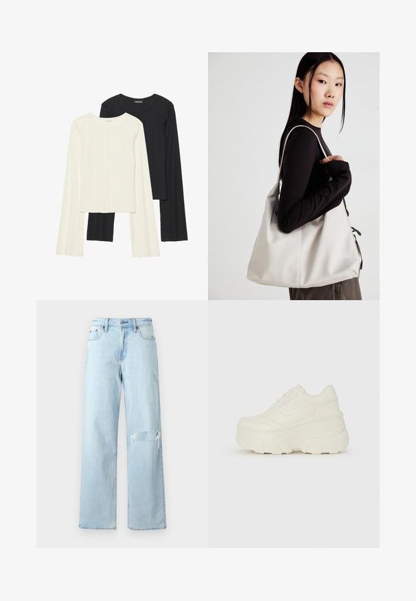 Sæt med to langærmede toppe i hvid og sort. Ribbet tekstur, rund halsudskæring, tætsiddende design med let udvidede ærmer.; Lyseblå denimjeans med vid pasform, der har et slidstærkt knæ og klassisk fem-lomme design. Glat tekstur, afslappet stil.; Hvide platform sneakers med en glat læderlignende overdel, rund form, polstret krave og struktureret gummisål med definerede riller.; Beige håndtaske lavet af blødt materiale med et slouchy design, stikninger og to skulderremme. Velegnet til daglig brug.