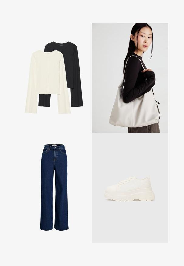 Conjunto de duas blusas de manga longa em branco e preto. Textura canelada, decote redondo, design ajustado com mangas ligeiramente evasê.; Calças de ganga de cintura alta, azul escuro, com pernas largas, botão frontal e design de cinco bolsos.; Sapatilhas brancas em lona com sola espessa, biqueira arredondada e cinco ilhós para atacadores. Laço traseiro para calçar facilmente. Textura suave, design minimalista.; Uma bolsa bege feita de material macio, com um design descontraído, detalhes de costura e duas alças para o ombro. Adequada para uso diário.