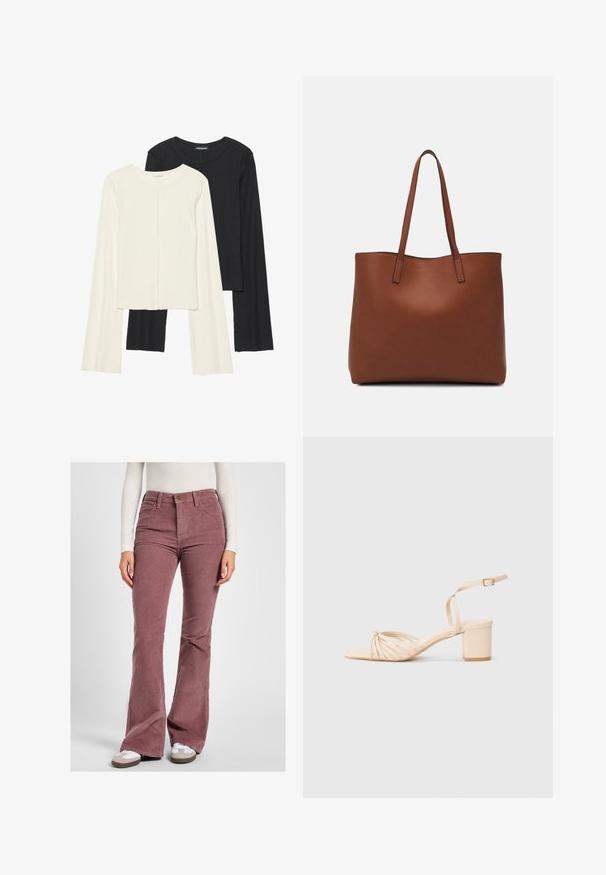 Ensemble de deux hauts à manches longues en blanc et noir. Texture côtelée, col rond, design ajusté avec des manches légèrement évasées.; Pantalons évasés en velours côtelé de couleur rose pâle, dotés d'une taille haute, d'un tissu texturé à côtes et d'un design à cinq poches avec des accessoires en laiton.; Sandale à talon beige à lanières avec un bout carré, un design avant tordu, une bride de cheville et un talon carré. Texture lisse, style minimaliste.; Sac fourre-tout en cuir marron avec une texture lisse, design à ouverture supérieure et deux poignées pour le porter à l'épaule. Présente des coutures minimales et aucun matériel visible.