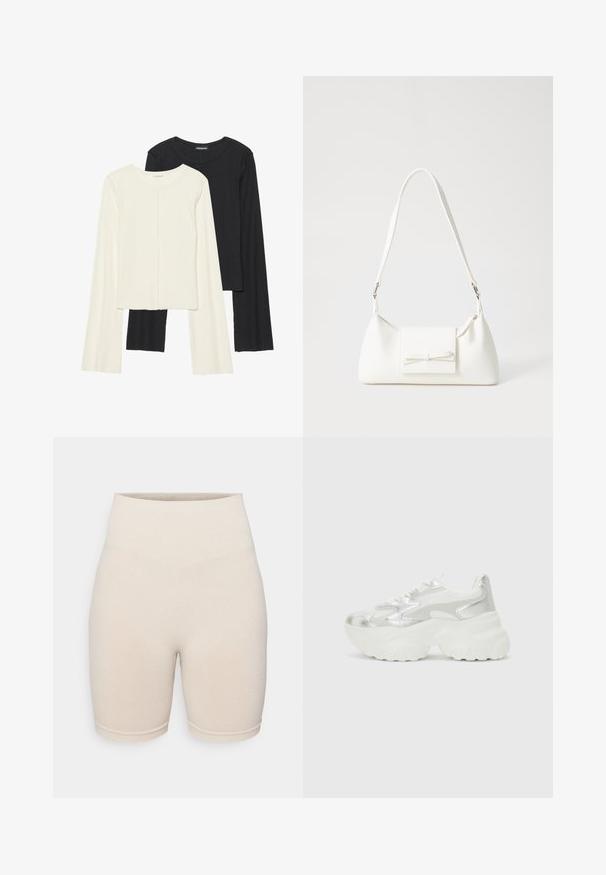 Set di due maglie a maniche lunghe, bianche e nere. Texture a coste, scollo tondo, design aderente con maniche leggermente svasate.; Shorts da ciclismo beige a coste con vita alta, caratterizzati da un motivo testurizzato e un design aderente che arriva fino a metà coscia.; Sneaker argento con una tomaia in mesh testurizzato e accenti iridescenti, dotata di una suola bianca spessa e chiusura con lacci.; Borsa sintetica bianca a forma triangolare, con patta anteriore piatta e dettaglio a fiocco, tracolla regolabile, texture liscia e design minimalista.