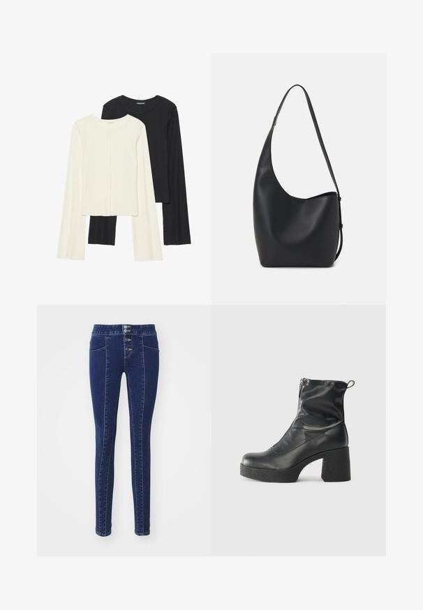 Két darabból álló hosszú ujjú felsők szettje fehér és fekete színben. Bordás textúra, kerek nyakkivágás, testhez simuló fazon, enyhén bővülő ujjakkal.; Sötétkék farmernadrág magas derékkal, öt gombos záródással, két elülső zsebbeli és karcsú szabású dizájnnal. Simább textúra.; Fekete bokacsizmák sima bőrből, oldalsó cipzárral, vastag, texturált sarkú és lekerekített orrú dizájnnal.; Fekete bőr hobo táska sima textúrával, ívelt formával és egyetlen állítható pánttal; széles nyílás található a tetején.