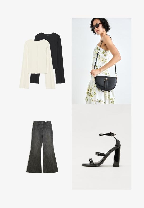 Nabor dveh dolgih rokavov v beli in črni barvi. Žameten vzorec, okrogla ovratnica, prilegajoča zasnova z rahlo razširjenimi rokavi.; Črne flare kavbojke z visokim pasom, ki imajo dva sprednja in dva zadnja žepa, izdelane iz strukturiranega jeansa.; Črne lakaste sandale z visokimi petami, z dvema trakovoma z zaponkama, kvadratnim sprednjim delom in masivno širšo peto, z gladko, sijočo teksturo.; Črna usnjena torbica s ukrivljeno obliko, z odstranljivo naramnico in zlatimi dodatki. Torbica ima pokrov s podrobnostmi v obliki zaponke.