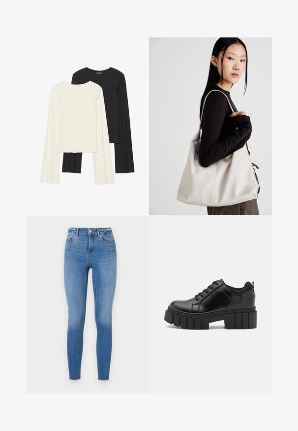 Kaksik Eri pikkusega valge ja musta värvi pikkade varrukatega topsi. Ribikstruktuur, ümar kaelus, lihav disain, veidi laienevate varrukatega.; Heledad teksased, mis on valmistatud helesinisest denimist, kaunistatud dekoratiivsete nupukestega ees tasku piirkonnas ja narmendava äärega pahkluul.; Must musta platvormsussid paksu plokkninal, ümmarguse varbaga ja traditsioonilise nööridega kinnitamisega. Sussid on sileda tekstuuriga ja minimaalsete detailidega.; Bež käekott pehme materjali, millel on lõtv disain, õmblustega detailid ja kaks õlarihma. Sobib igapäevaseks kasutamiseks.