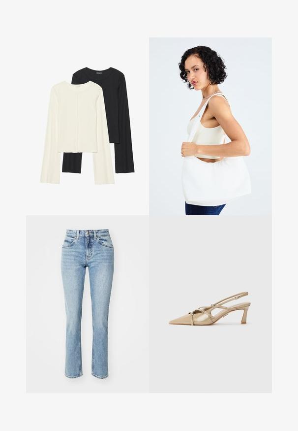 Kaksik Eri pikkusega valge ja musta värvi pikkade varrukatega topsi. Ribikstruktuur, ümar kaelus, lihav disain, veidi laienevate varrukatega.; Heledsinine denim teksad kõrge vöökohaga, sirge lõikega ja kerge tuhmumisega. Omavad klassikalist viit taskut ja nööbiga sulgemist.; Bež patentnahast slingback kontsad, millel on terav nina, reguleeritavad rihmad ja 6 cm plokk konts. Kaunistatud hõbedaste detailidega.; Valge õlakott, mis on valmistatud siledast materjalist, ümmarguse lõikega ja laia rihmaga. Lihtne ja modernne, ilma nähtava riistvara või detailideta.