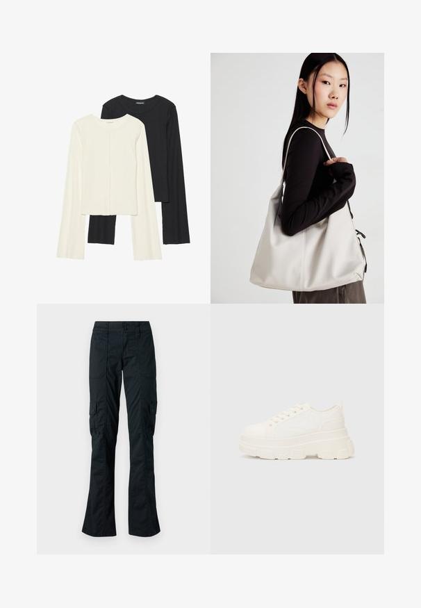 Két darabból álló hosszú ujjú felsők szettje fehér és fekete színben. Bordás textúra, kerek nyakkivágás, testhez simuló fazon, enyhén bővülő ujjakkal.; Fekete cargo nadrág egyenes szabású dizájnnal, tartós anyagból készült. Két oldalsó zsebbel rendelkezik, amelyek fedéllel és gombos záródással vannak ellátva.; Fehér vászon sportcipő vastag talppal, lekerekített orral és öt fűzőlyukkal. Hátulján egy fül a könnyű felvétel érdekében. Simára kidolgozott textúra, minimális dizájn.; Puha anyagból készült bézs kézitáska, laza dizájnnal, varrott részletekkel és két vállpánttal. Mindennapi használatra alkalmas.