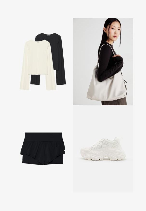 Sett med to langermede topper i hvit og svart. Ribbete tekstur, rund hals, tettsittende design med lett utsvingte ermer.; Sorte idrettsshorts med lagdelt volangdesign. Ytterlaget er glatt, mens det indre laget har en teksturert, perforert stoff.; Hvite klumpete joggesko med en teksturert overflate, mesh-paneler og tykke gummisåler med fremtredende mønster. Snøring og trekkstrop er inkludert.; Beige håndveske laget av mykt materiale, med en slapp design, sydd detaljer og to skulderstropper. Passer for daglig bruk.