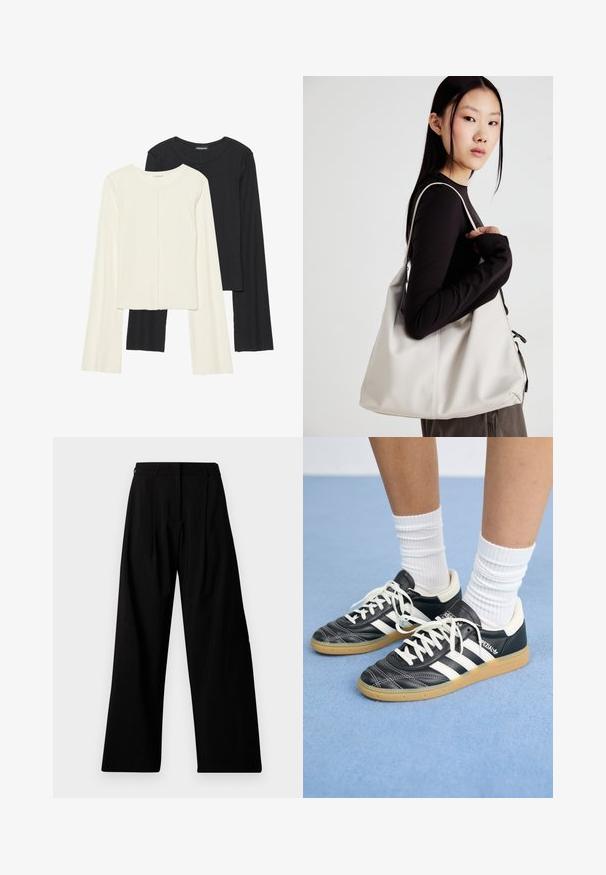 Divu garo piedurkņu tops komplekts baltā un melnā krāsā. Ribota tekstūra, apaļš kakls, pieguļoša dizaina ar nedaudz izplestām piedurknēm.; Platas kāju melnas bikses ar augstu jostu, kas piedāvā krokas, slēgtu priekšējo aizdari un minimālu zīmola identifikāciju pa kreiso kāju.; Melnas ādas sporta apavus ar baltām svītrām, apaļu purngalu, baltām auklām un gumijas zoli. Izceļas ar mīksto apkakli un zīmola detaļām.; Bežs rokassoma, izgatavota no mīksta materiāla, ar brīvu dizainu, izšūtu apdari un divām plecu siksnām. Piemērota ikdienas lietošanai.