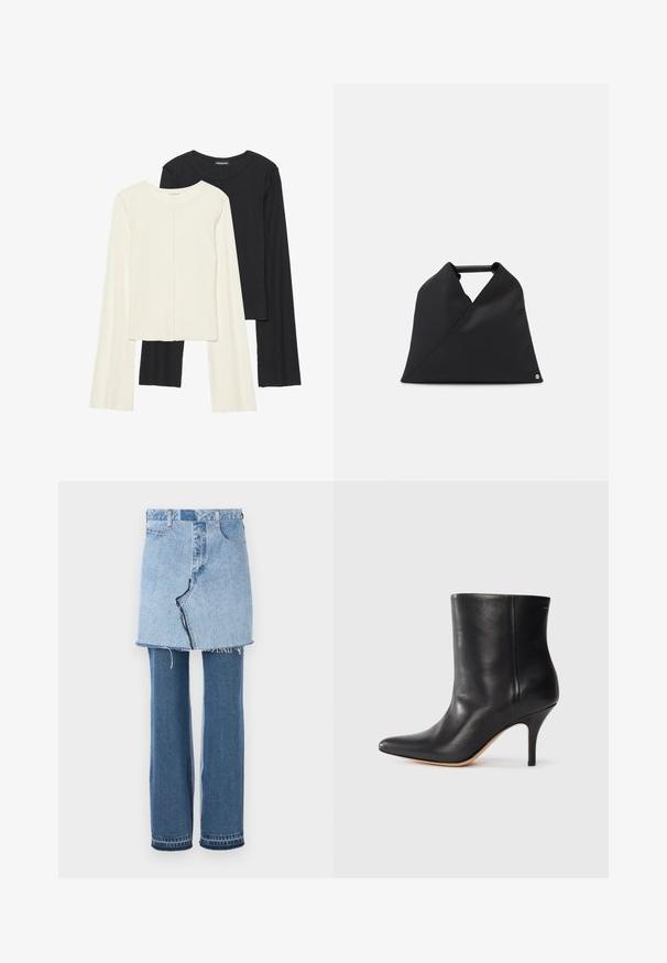 Kaksik Eri pikkusega valge ja musta värvi pikkade varrukatega topsi. Ribikstruktuur, ümar kaelus, lihav disain, veidi laienevate varrukatega.; Denimriiet, mis ühendab peal helesinise mini-seeliku ja all tumesinised pluuside teksad; koos kärbitud serva ja klassikalise denimitekstuuriga.; Must musta jalatsid terava ninaga, õhukese stiletto kontsaga ja siledast nahast. Minimalistlik disain ilma nähtava riistvarata või aksessuaarideta.; Must must bag, millel asümmeetrilise disainiga ja tekstuurse pinnaga. Sellel on lihtne käepide ja peen logo aktsent.