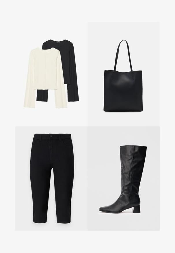Set od dvije duge majice s dugim rukavima u bijeloj i crnoj boji. Rebrasta tekstura, okrugli izrez, uski kroj s blago raširenim rukavima.; Crne skraćene traperice s prilagođenim dizajnom, pet džepova, petljama za remen i dugmetom za zatvaranje u struku. Glatka tekstura, minimalni detalji.; Crne kožne čizme do sredine lista s šiljastim vrhom i blok petom na jednostavnoj svijetloj pozadini.; Crna kožna torba za nošenje s glatkom teksturom, pravokutnim oblikom i dvije duge ručke. Nema vidljivih metalnih dijelova ili ukrasa.