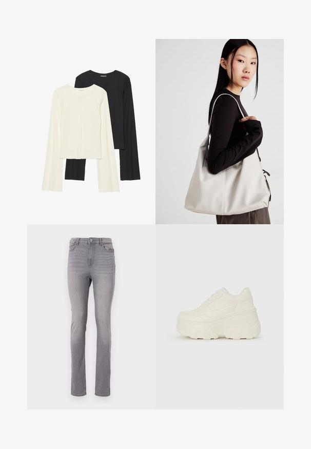 Kaksik Eri pikkusega valge ja musta värvi pikkade varrukatega topsi. Ribikstruktuur, ümar kaelus, lihav disain, veidi laienevate varrukatega.; Hallid denim püksid sirge jala lõikega, viie taskuga disain ja klassikaline nööbi ja tõmbluku sulgemine. Sile tekstuur kerge tuhmumisega.; Valged platvormi tõusukingad, millel on siledast nahast meenutav pealis, ümar kuju, pehmendatud kaelus ja tekstureeritud kummitald koos selgete hüdrofoobsete mustritega.; Bež käekott pehme materjali, millel on lõtv disain, õmblustega detailid ja kaks õlarihma. Sobib igapäevaseks kasutamiseks.