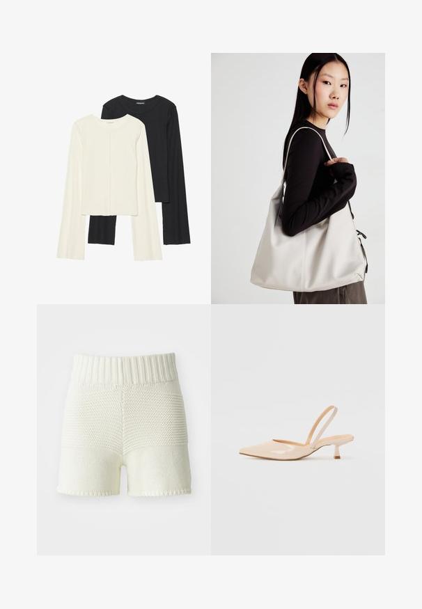 Set od dvije duge majice s dugim rukavima u bijeloj i crnoj boji. Rebrasta tekstura, okrugli izrez, uski kroj s blago raširenim rukavima.; Pletene kratke hlače u boji slonovače s rebrastim pojasom, s kontrastom tekstura između gornjeg i donjeg dijela te sa završnim rubovima.; Bež sandale od lakirane kože s uskim vrhom i tankim, kvadratnim potpeticom. Glatka tekstura i minimalistički dizajn bez ukrasnih detalja.; Bežna torba od mekog materijala s opuštenim dizajnom, šivanim detaljima i dva remena za rame. Pogodna za svakodnevnu upotrebu.