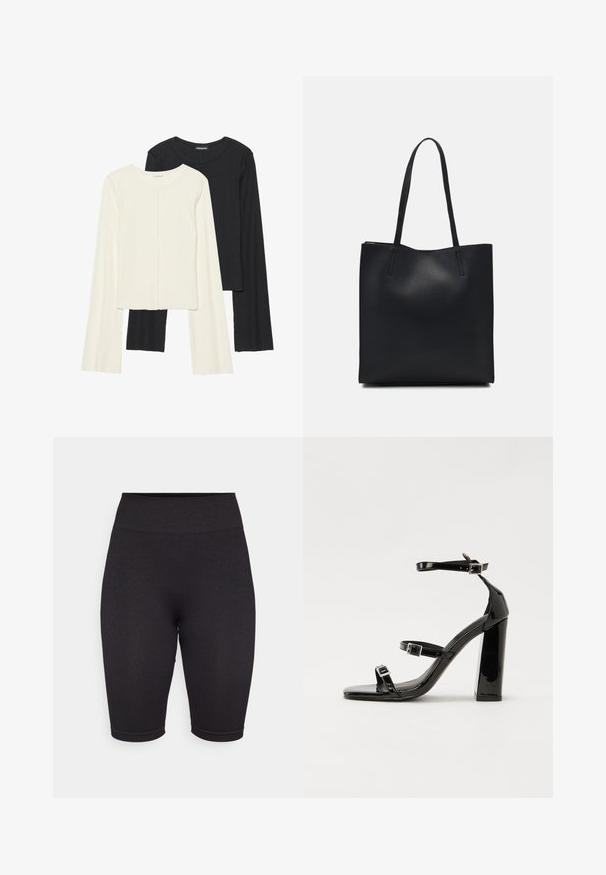 Conjunto de duas blusas de manga longa em branco e preto. Textura canelada, decote redondo, design ajustado com mangas ligeiramente evasê.; Calções de bicicleta preto canelados com uma ampla cintura elástica, atingindo a metade da coxa. Apresenta uma textura suave e um design justo.; Sandálias de tacão preto laqueadas com bico quadrado, tiras para o tornozelo e fivelas prateadas. Apresentam um salto bloco chunky para estabilidade.; Bolsa tote preta em couro com textura lisa, forma retangular e duas alças longas. Sem hardware ou enfeites visíveis.