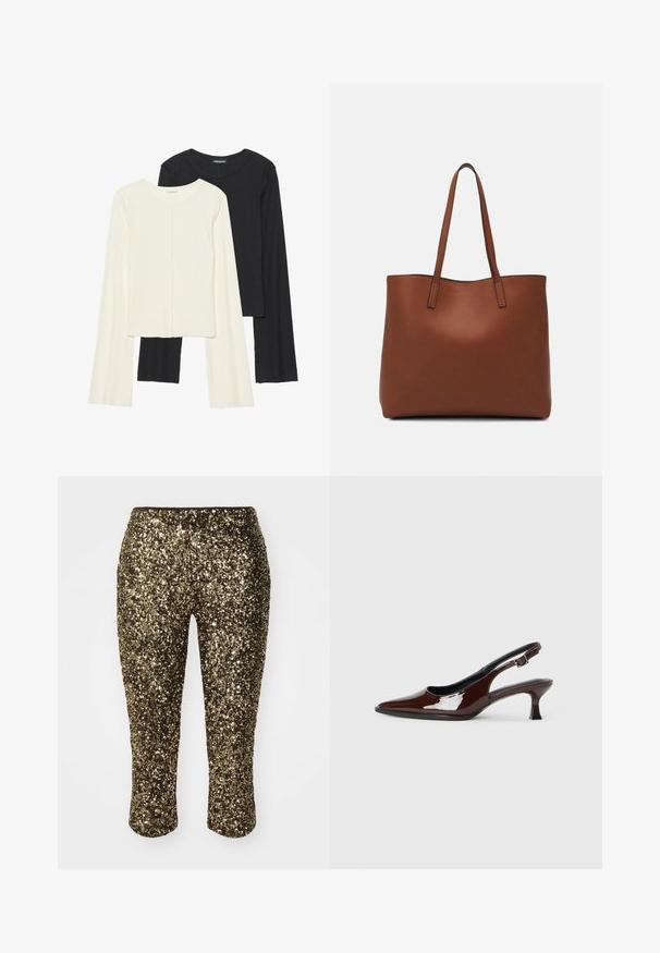 Conjunto de duas blusas de manga longa em branco e preto. Textura canelada, decote redondo, design ajustado com mangas ligeiramente evasê.; Calças capri douradas com paetês, de design ajustado e cintura elástica, apresentando uma superfície brilhante e texturizada que reflete a luz.; Sapato slingback em pele sintética castanha com bico pontiagudo e salto moderado. Apresenta uma fivela para um ajuste seguro. Textura suave.; Bolsa tote de couro castanho com uma textura suave, design de abertura superior e duas alças para o ombro. Apresenta costura mínima e sem hardware visível.