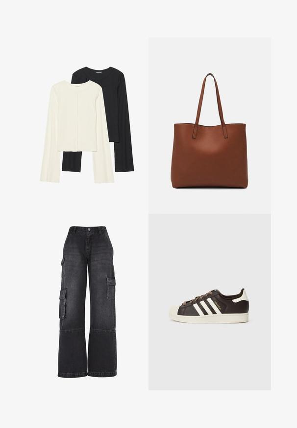 Set van twee longsleeve tops in wit en zwart. Geribbelde textuur, ronde hals, aansluitend ontwerp met licht uitlopende mouwen.; Zwarte cargobroek van denim, met wijde benen, meerdere zijzakken en een aansluitende tailleband met een sluiting met knoop aan de voorkant.; Low-top Adidas Superstar sneaker in donkerbruin leer met crème shell-toe, witte strepen en de tekst "Superstar" aan de zijkant.; Bruine leren tote bag met een gladde textuur, een ontwerp met een open bovenkant en twee schouderbanden. Kenmerkt zich door minimale stiksels en geen zichtbare hardware.