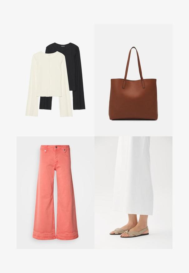 Conjunto de dos camisetas de manga larga en blanco y negro. Textura acanalada, cuello redondo, diseño ajustado con mangas ligeramente acampanadas.; Pantalones anchos coral de algodón con cinco bolsillos, herrajes metálicos y un acabado limpio en los dobladillos. Presenta un clásico cierre de botón y cremallera.; Sandalias de cuero beige con diseño de tiras cruzadas y suela negra, con punta abierta y estilo de talón descubierto. Se presentan sobre un fondo blanco.; Bolso tote de cuero marrón con una textura suave, diseño de apertura superior y dos correas para el hombro. Presenta una costura mínima y sin herrajes visibles.