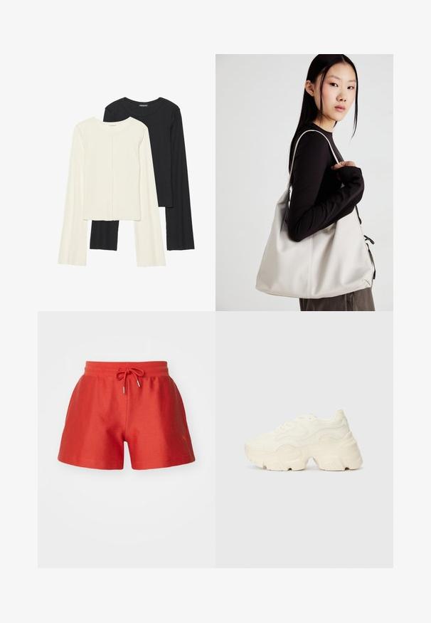 Ensemble de deux hauts à manches longues en blanc et noir. Texture côtelée, col rond, design ajusté avec des manches légèrement évasées.; Shorts de sport rouges en tissu texturé, avec une taille élastique à cordon de serrage et des détails de marque subtils. Forme courte classique, adaptés pour le sport.; Baskets blanches chunky en maille texturée et matériaux synthétiques, avec une semelle épaisse et des détails en motif complexes sur les côtés.; Sac à main beige en matériau souple, avec un design décontracté, des détails cousus et deux poignées. Idéal pour un usage quotidien.