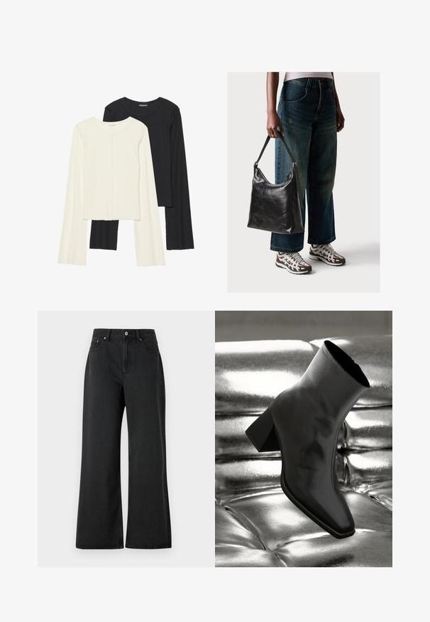 Set de două bluze cu mâneci lungi, una albă și una neagră. Textură ribbată, decolteu rotund, design ajustat cu mâneci ușor evazate.; Blugi negri evazați din denim, cu talie înaltă, închidere frontală cu nasture și textură subtilă. Design curat fără modele vizibile.; Cizme negre până la gleznă, realizate dintr-un material lucios, cu vârf pătrat și toc conic, plasate pe un fundal strălucitor de argint, cu un model tuftat.; Geantă de umăr din piele neagră, cu o textură netedă și curea ajustabilă, asortată cu blugi evazați și adidași.