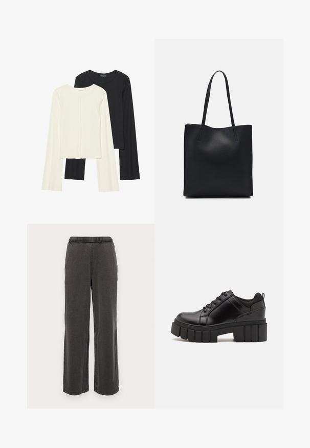 Set od dvije duge majice s dugim rukavima u bijeloj i crnoj boji. Rebrasta tekstura, okrugli izrez, uski kroj s blago raširenim rukavima.; Tamno sive široke hlače izrađene od mekog materijala s elastičnim pojasom, s dva bočna džepa i ravnim rubovima. Bez vidljivih uzoraka.; Crne kožne platforme s debelim blok-peta, okruglim prstima i klasičnim dizajnom vezanja. Imaju gladak tekstur i minimalne detalje.; Crna kožna torba za nošenje s glatkom teksturom, pravokutnim oblikom i dvije duge ručke. Nema vidljivih metalnih dijelova ili ukrasa.
